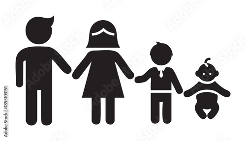 Family icon set showing parents and children holding hands together, representing generations, growth, and the concept of a complete household unit.
