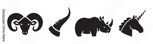 Various animal head and horn silhouettes are depicted in a minimalist black and white style, representing both real and mythical creatures.