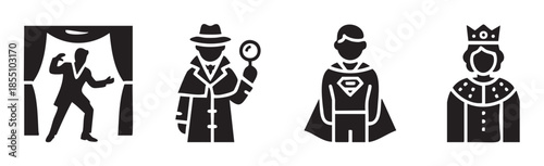 Character role icons depicting various archetypes including a performer, detective, superhero, and royal figure in a simple graphic style.