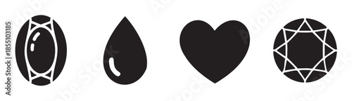 Various black silhouette icons representing different shapes and symbols, including two faceted gems, a teardrop, and a heart, arranged in a row.