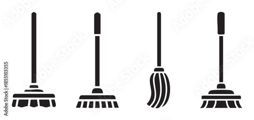 Brooms and mops cleaning tools vector icons set representing various household sweeping and floor washing equipment for hygiene and maintenance.