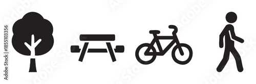 Outdoor park recreation elements including a tree, picnic table, bicycle, and walking person icon, symbolizing leisure activities and nature.