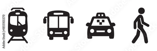 Public transportation icons representing various modes of travel and pedestrian movement, including train, bus, taxi, and walking, for urban mobility concepts.