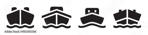 Four stylized ship icons representing maritime transport and ocean travel, designed as simple black silhouettes with wavy water lines.