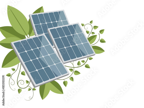 Solar panels surrounded by green leaves and vines, symbolizing renewable energy and environmental conservation