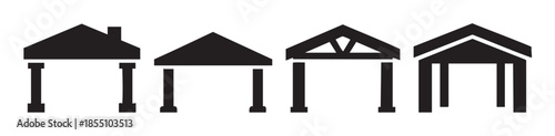 Four distinct architectural roof structures with supporting pillars and gables are displayed in a minimalist black silhouette style.