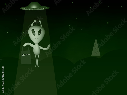 Green alien with bags of shopping souvenirs white background