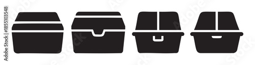 Four distinct food containers vector icons illustrating various designs for packaging meals, takeout orders, and delivery services.