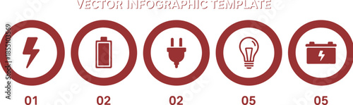 Modern vector infographic template with energy icons, circular steps, power symbols, business presentation layout, clean corporate design elements