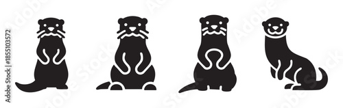 Four black stylized otter illustrations in various poses, depicting the playful and aquatic nature of these charming river mammals.