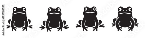 Four black stylized frog silhouettes are depicted in a row, showcasing a minimalist and graphic design suitable for various creative projects and branding.
