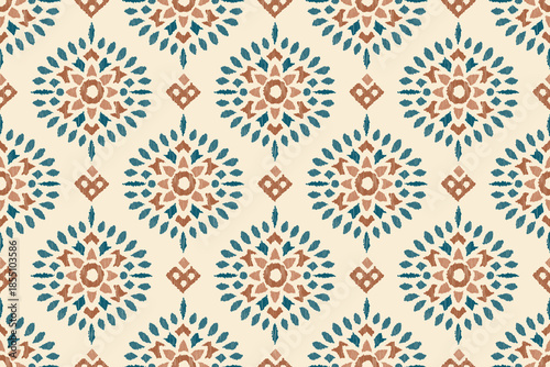 African boho paisley floral embroidery Ikat border pattern with ethnic Indian and Aztec influences. Seamless ethnic Ikat floral motifs featuring ornamental embroidery details, inspired by traditional 