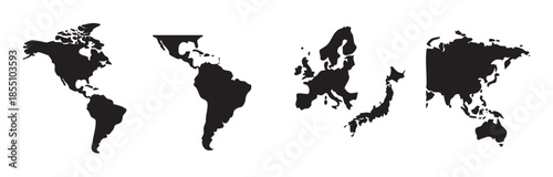 Collection of continent outlines in black vector illustration, depicting global geography, travel, and international business concepts with a clean, modern design.