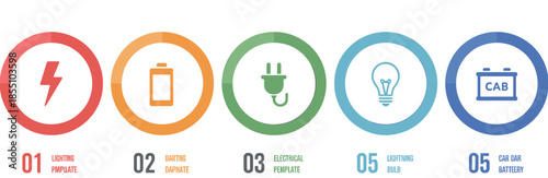 Modern vector infographic template with energy icons, circular steps, power symbols, business presentation layout, clean corporate design elements