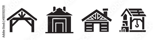 Rustic building icons set showcasing various traditional structures like a stable, barn, house, and water well in a simple silhouette.