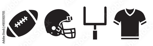 American football equipment icons featuring a ball, helmet, goalpost, and jersey representing the popular sport in a simple graphic style.