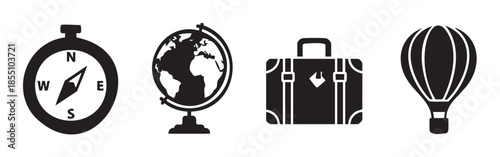 Travel and adventure icons featuring a compass, globe, suitcase, and hot air balloon, symbolizing exploration and global journeys.
