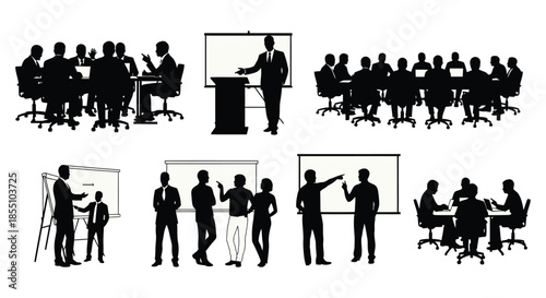 Business professionals in various meeting and presentation settings