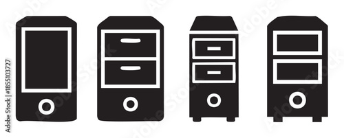 Four black and white icons illustrating a progression of digital devices, from a simple smartphone to complex data storage servers, each featuring a distinct circular button.