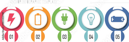 Modern vector infographic template with energy icons, circular steps, power symbols, business presentation layout, clean corporate design elements