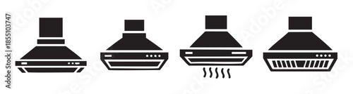 Kitchen range hoods vector icons set showcasing various modern designs for home appliance ventilation and air purification systems.