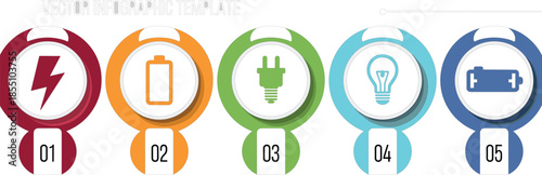 Modern vector infographic template with energy icons, circular steps, power symbols, business presentation layout, clean corporate design elements