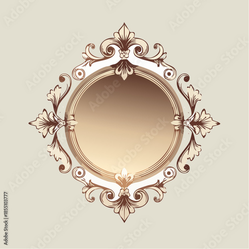 Ornate vintage frame with floral elements and a circular center, in shades of brown and beige.