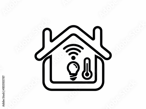 Smart Home Technology Icon Connected House with Wi-Fi, Bulb, and Thermostat
