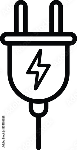Simple black line icon of electric plug with lightning symbol, power connection concept, minimal energy technology illustration