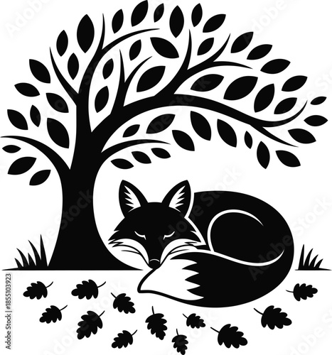 Sleeping Fox Under Leafy Tree