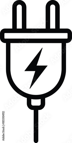Simple black line icon of electric plug with lightning symbol, power connection concept, minimal energy technology illustration