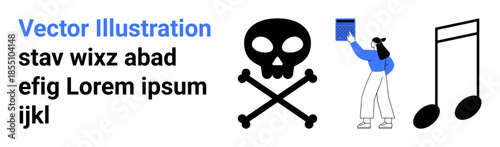 Danger signs, reading habits, music learning, creativity, education, and symbols. Skull with crossbones, music notes a person holding a book and placeholder text. Danger and reading habits concept