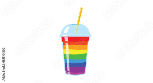 Refreshing rainbow colored slushy drink in a transparent plastic cup with a yellow straw stands out against a clean white background.