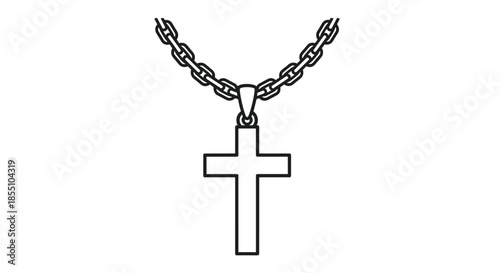 Simple black outline icon of a Christian cross on a chain represents faith, religious symbols, and jewelry design elements for spirituality.