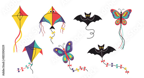 Variety of colorful kites including butterfly and bat shapes are flying to represent outdoor fun, hobbies, and activities during windy weather.
