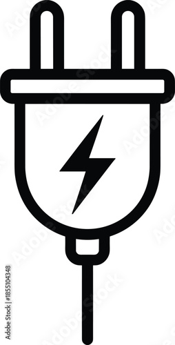 Simple black line icon of electric plug with lightning symbol, power connection concept, minimal energy technology illustration