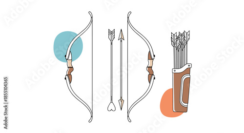 Archery equipment including traditional bows, arrows with different tips, and a quiver full of arrows are displayed as a complete sports set.