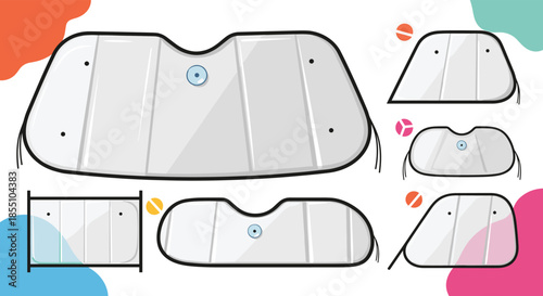 Collection of silver car sunshades in different sizes and shapes are shown to protect vehicle interiors from heat and ultraviolet radiation.