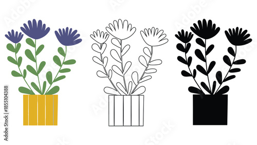Three stylized potted plants in different color variations.