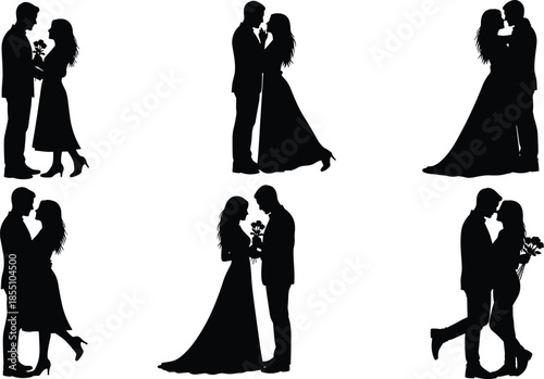 Silhouettes of couples embracing and holding flowers in formal attire wedding