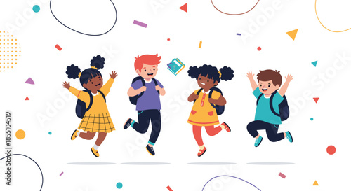 Diverse group of happy school children with backpacks are jumping for joy to celebrate education, friendship, and the start of a new semester.