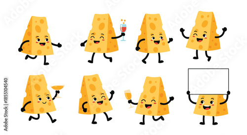 Collection of cheerful cheese slice characters in various poses like running, drinking, and holding signs creates a fun mascot for food brands.