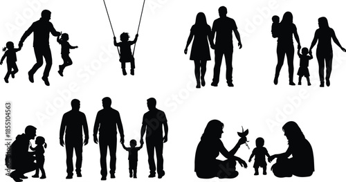Silhouettes of families and children engaging in various activities family parents