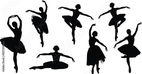 Silhouettes of ballerinas in various dance poses with tutus ballet