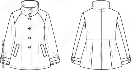 women jacket technical flat sketch, front back view, buttoned collar outerwear apparel design, fashion vector illustration