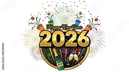 Happy new year 2026 celebration with champagne bottle and fireworks decorations