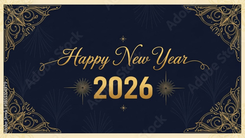 Happy new year 2026 celebration card with gold text and decorative border on dark background