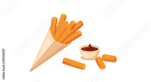 Warm churros served in a paper cone with a side of rich chocolate dipping sauce represent a popular Spanish snack and street food dessert.