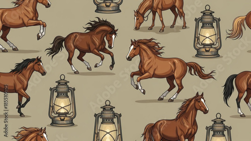 Vintage illustration of running horses and lanterns on beige background, rustic equestrian design elements with brown horses and antique lanterns