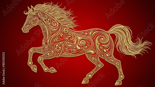 Golden horse with intricate swirling patterns on its body and flowing mane and tail running on a dark red background